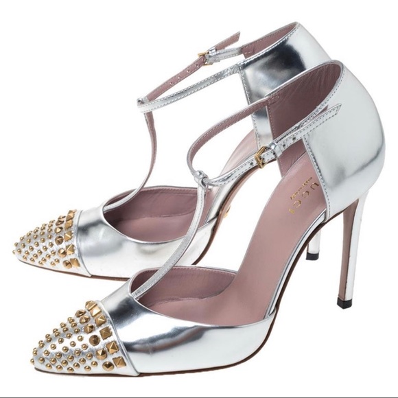 🤍Metallic Silver Leather Studded T Strap Pumps🤍 - Picture 7 of 9